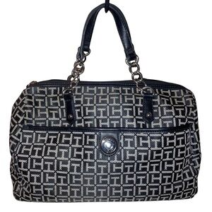 Tommy Hilfiger Black White Satchel Handbag Bowler TH Logo Monogram Preppy Purse